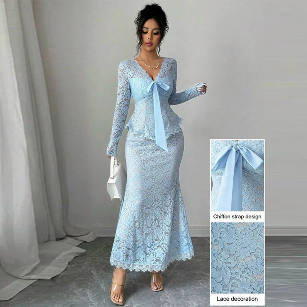 Forever 21 Sky Blue Bow Collar Lace Elegant Dress Set